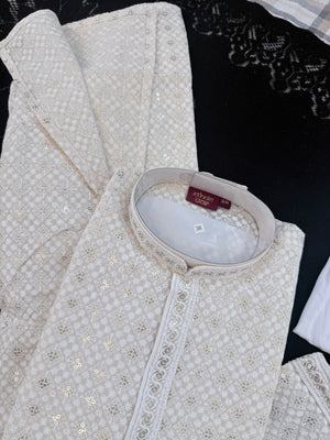 Ivory Cream Embroidered with Sequins Kurta Pajama for Men | Traditional Indian Threadwork Ethnic Outfit, KP - 3023