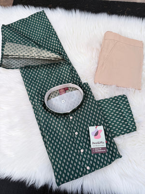 Pine Green with Subtle Gold Motifs Kurta with Beige Trouser, 2 Piece Jacquard Silk Kurta Pajama Set, Man -2047