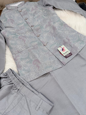 Luxury Everlasting Gray Silk 3-Piece Kurta Pajama with Stylish Jacket, Men’s Festive & Wedding Wear Set, KPJ-2032