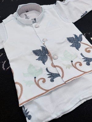 Boys Sky Blue Kurta Pajama with Embroidered Nehru Jacket | 3-Piece Indian Ethnic Outfit – Festive Ethnic Wear,- Design B-4035