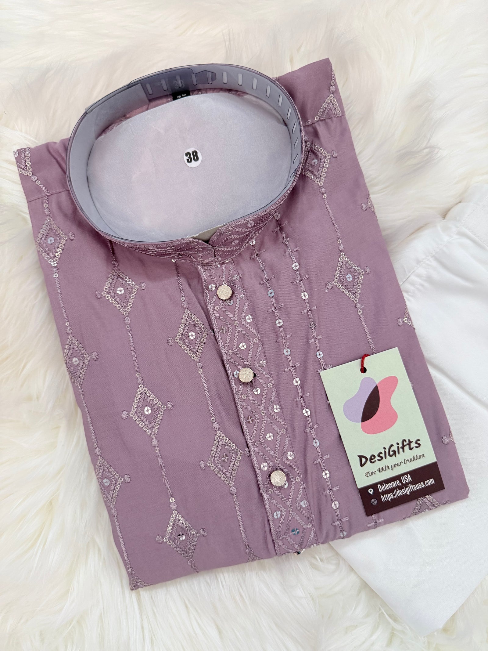 Men’s Onion Shade Embroidered Kurta Pajama Set with Sequins Work, Indian Ethnic Wear for Wedding & Festival, KPS-3012