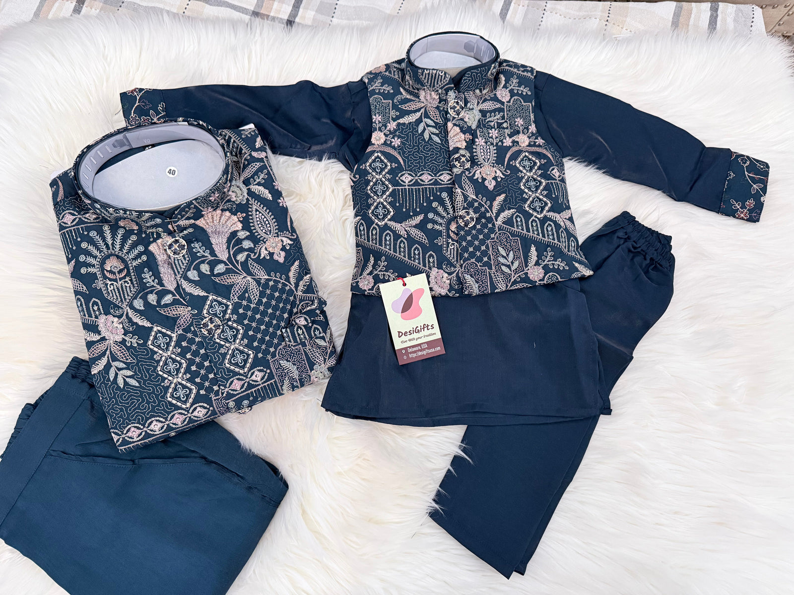 3 Piece Navy Blue Kurta Pajama Set with Embroidery Jacket Set, Silk Blend Fabric with a Slight Sheen, Father & Son's Matching Option, DM - 4081