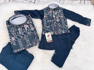 3 Piece Navy Blue Kurta Pajama Set with Embroidery Jacket Set, Silk Blend Fabric with a Slight Sheen, Father & Son's Matching Option, DM - 4081