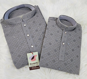 Gray Shade Chikankari Rayon with Sequins 2 Piece Kurta Pajama Set, Father & Son's Outfit, DM -1351