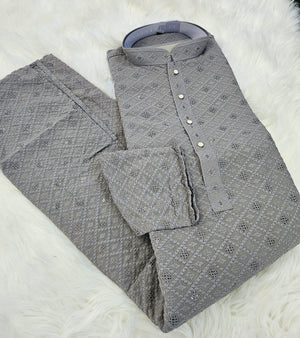 Gray Shade Chikankari Rayon with Sequins 2 Piece Kurta Pajama Set, Father & Son's Outfit, DM -1351