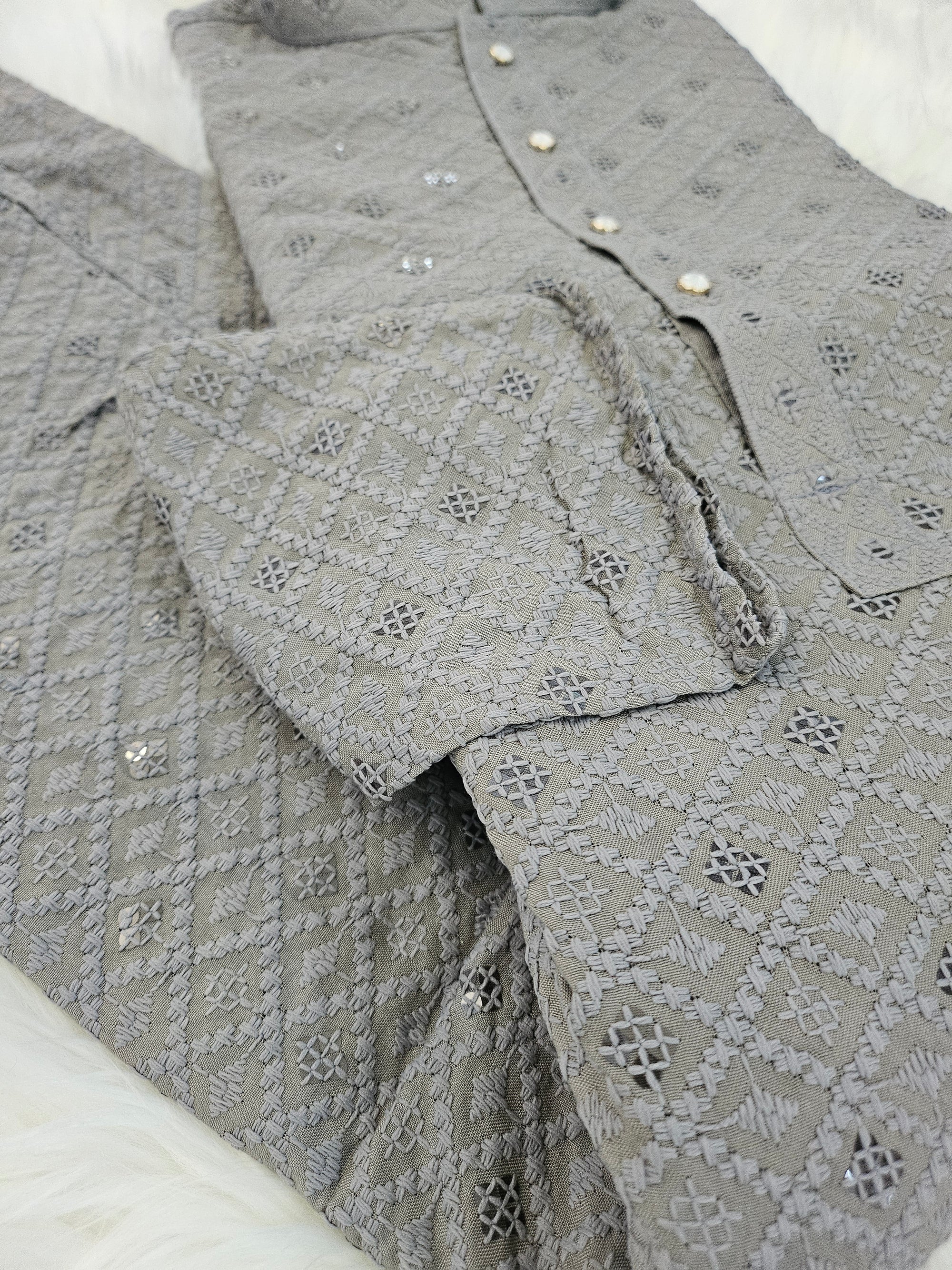 Gray Shade Chikankari Rayon with Sequins 2 Piece Kurta Pajama Set, Father & Son's Outfit, DM -1351