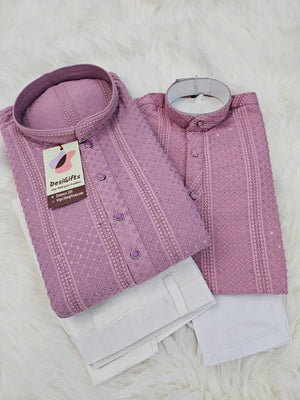 Lilac Shade Chikankari Rayon with Sequins 2 Piece Kurta Pajama Set, Father & Son's Outfit, DM -1352