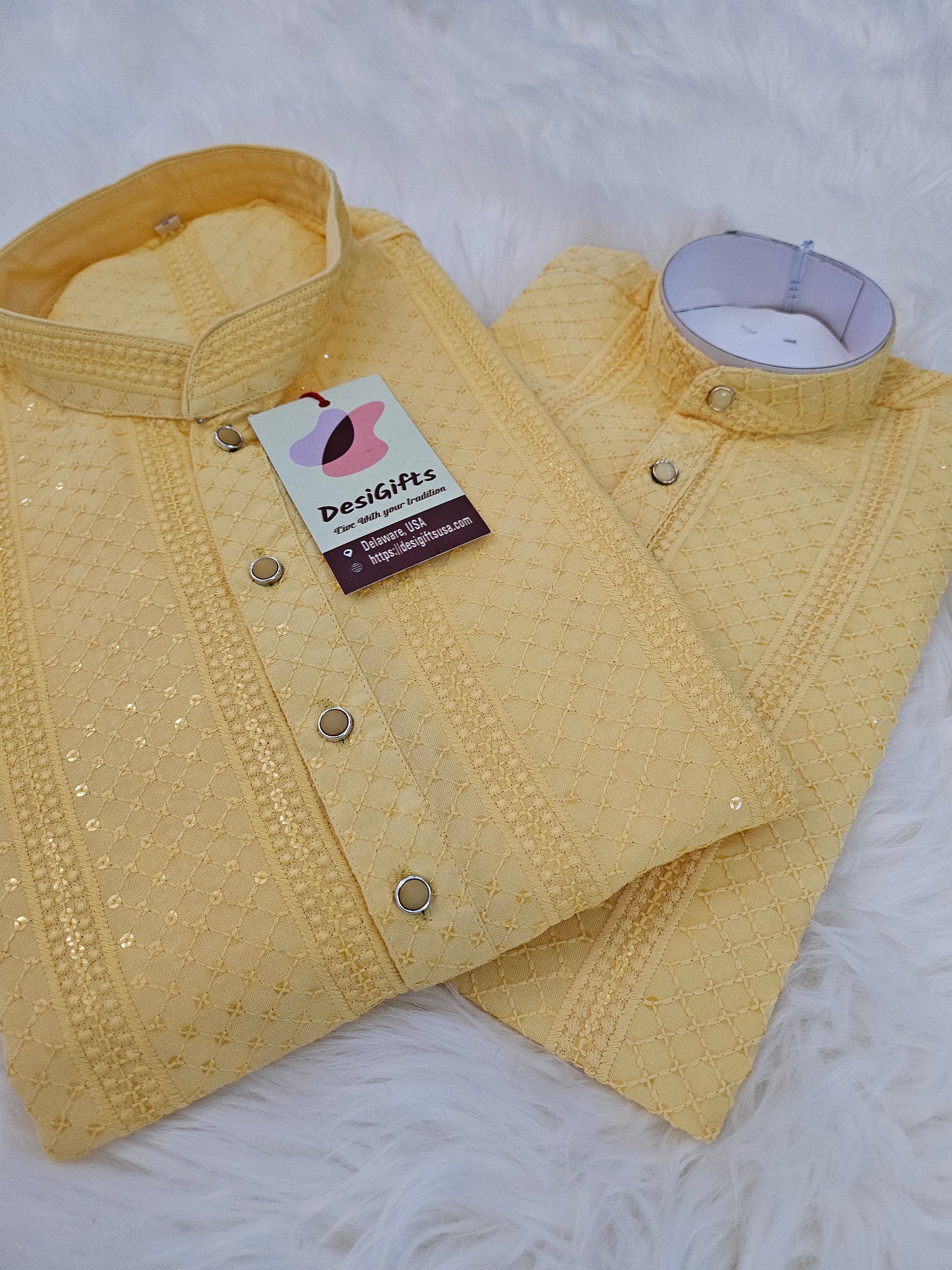 Pastel Yellow Shade Chikankari Rayon with Sequins 2 Piece Kurta Pajama Set, Father & Son's Outfit, DM -1354