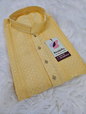 Pastel Yellow Shade Chikankari Rayon with Sequins 2 Piece Kurta Pajama Set, Father & Son's Outfit, DM -1354