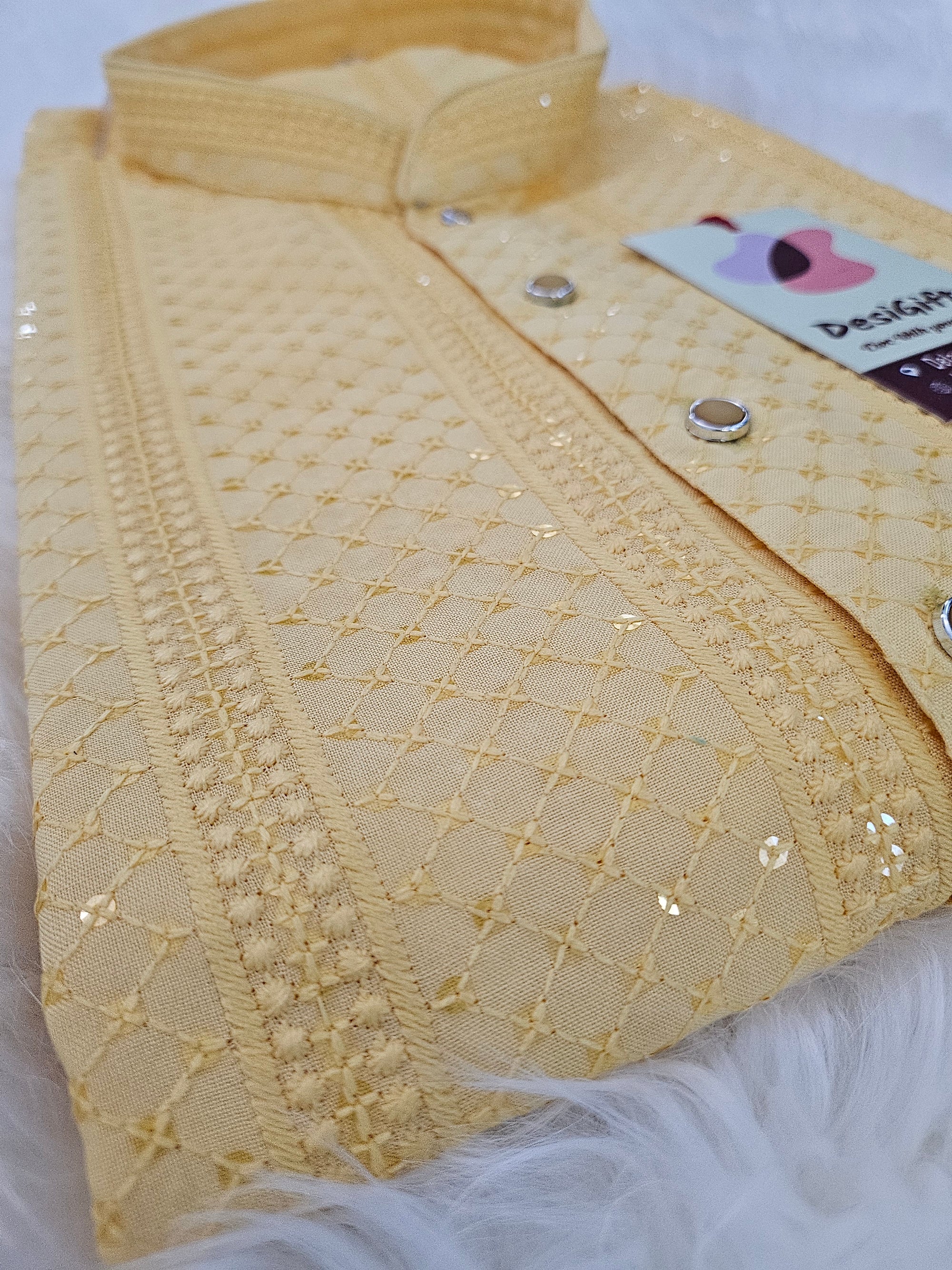 Pastel Yellow Shade Chikankari Rayon with Sequins 2 Piece Kurta Pajama Set, Father & Son's Outfit, DM -1354