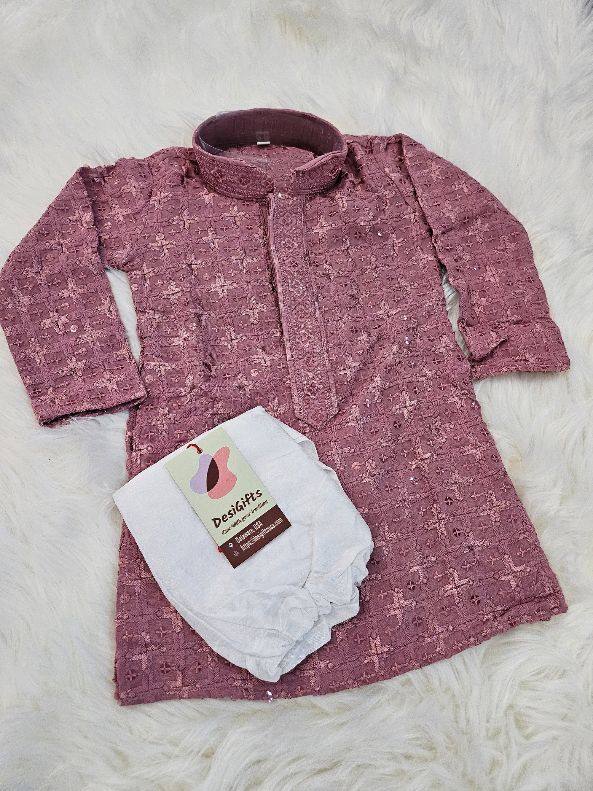 Onion Shade Chikankari Rayon with Sequins 2 Piece Kurta Pajama Set, Father & Son's Outfit, DM -1355