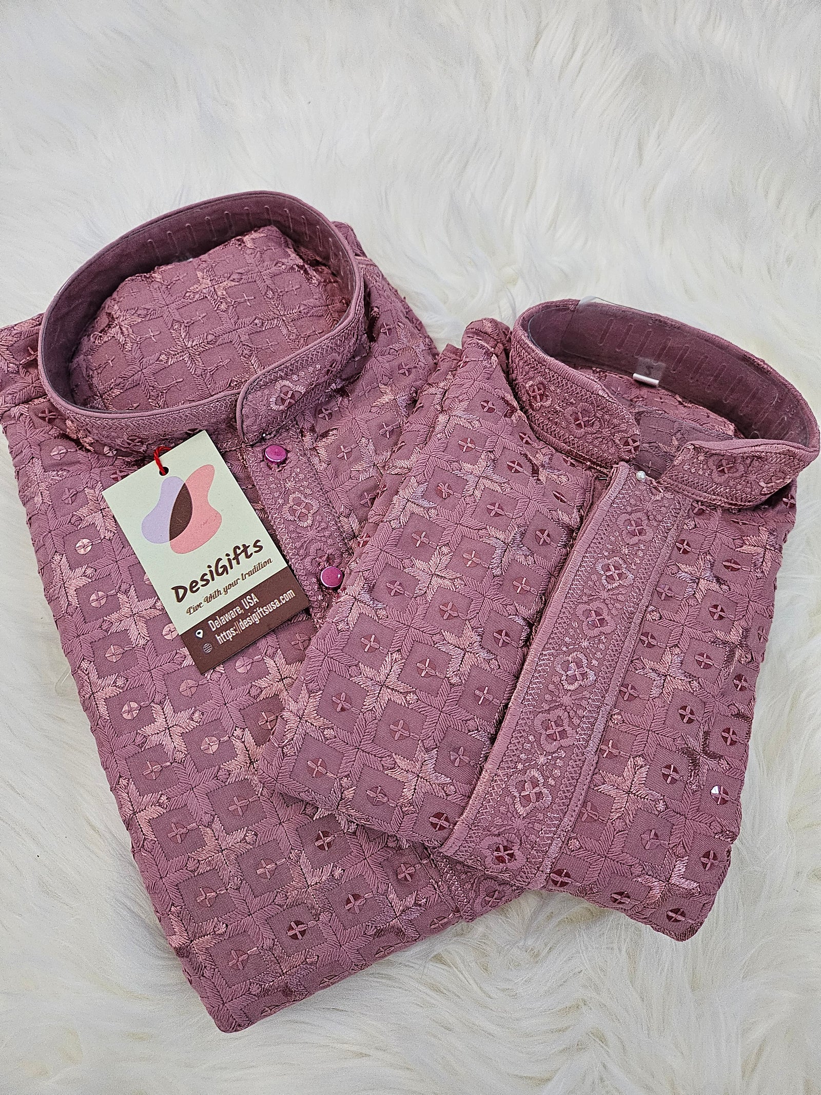 Onion Shade Chikankari Rayon with Sequins 2 Piece Kurta Pajama Set, Boys, DM -1355