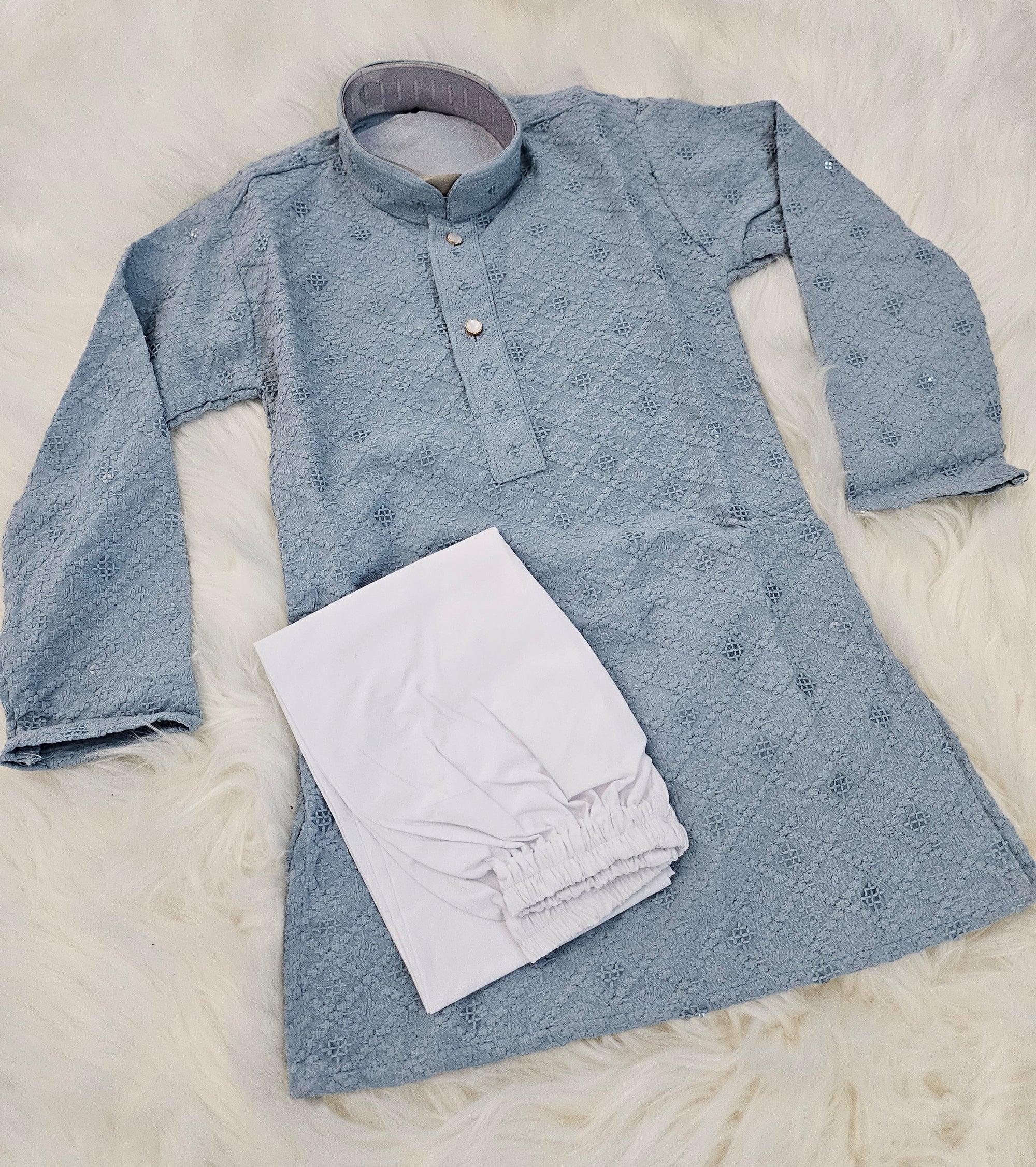 Arctic Blue Shade Chikankari Rayon with Sequins 2 Piece Kurta Pajama Set, Father & Son's Outfit, DM -1357