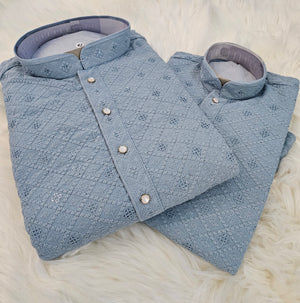 Arctic Blue Shade Chikankari Rayon with Sequins 2 Piece Kurta Pajama Set, Father & Son's Outfit, DM -1357