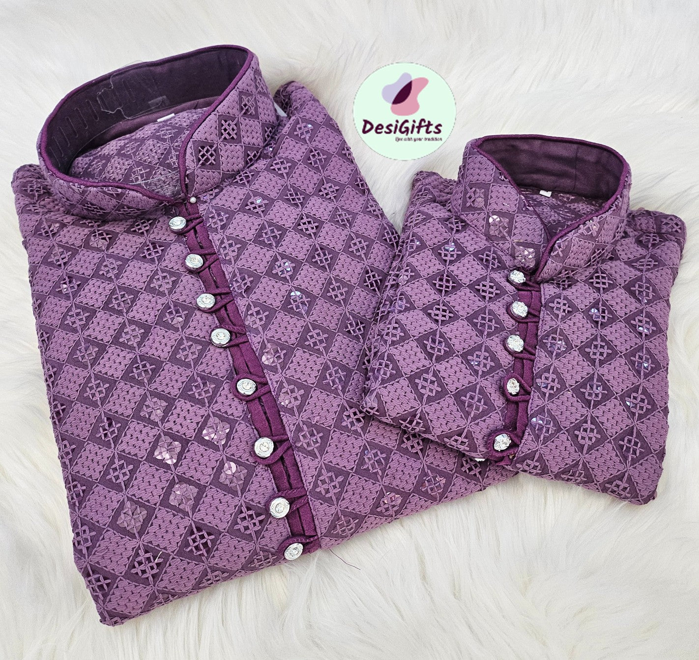 Purple Shade Chikankari Rayon with Sequence 2 Piece Kurta Pajama Set, Father & Son's Outfit, DM -1205
