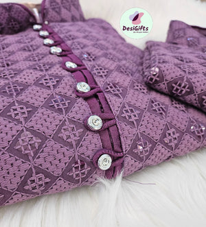 Plus Size, Purple Shade Chikankari Rayon with Sequence 2 Piece Kurta Pajama Set, DM -1205
