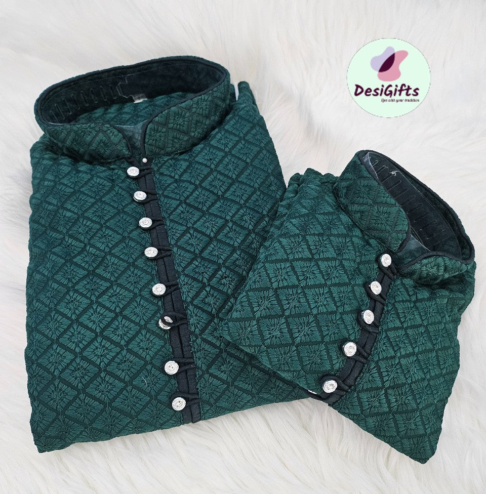 Basil Green Shade Chikankari Georgette 2 Piece Kurta Pajama Set, Father & Son's Outfit, DM -1206
