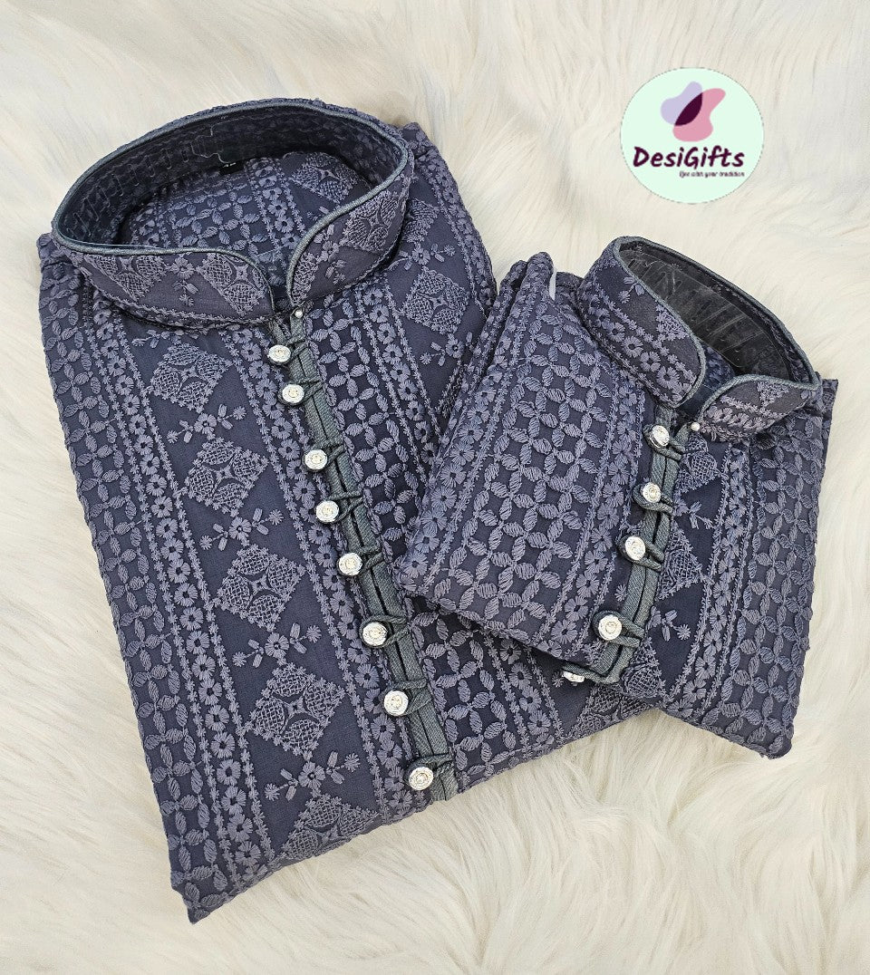 Luxurious Gray Shade Chikankari Georgette 2 Piece Kurta Pajama Set, Father & Son's Outfit, DM -1207