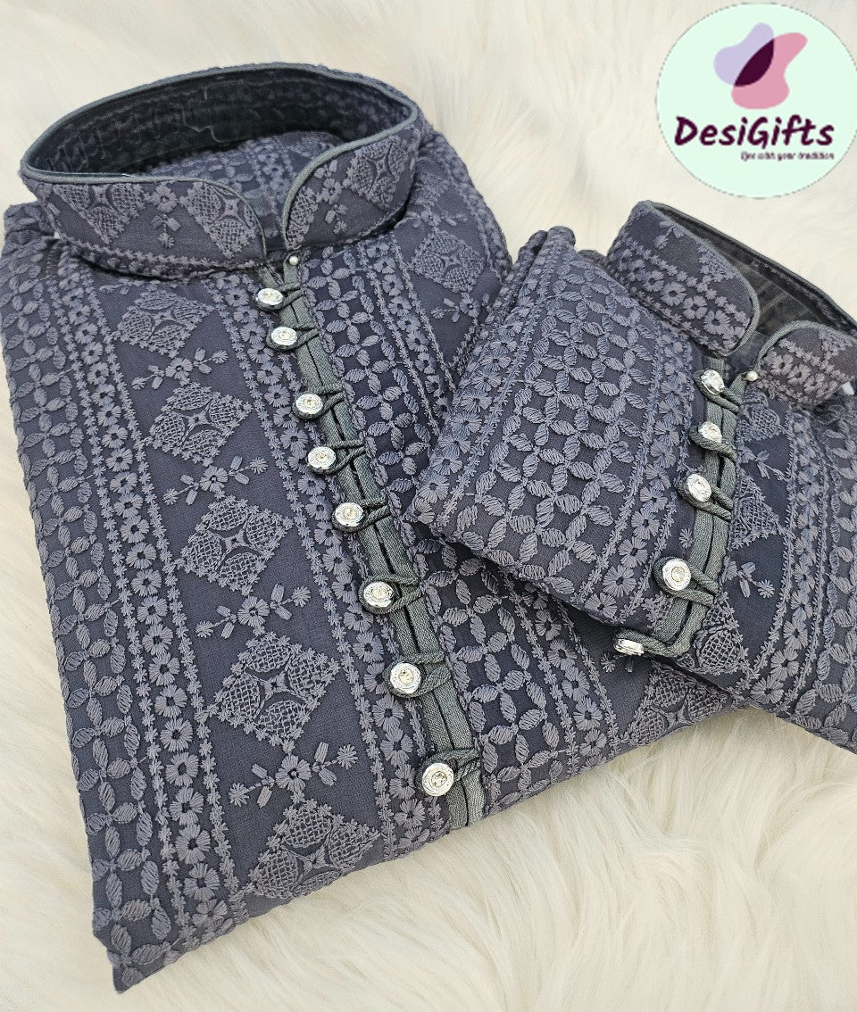 Luxurious Gray Shade Chikankari Georgette 2 Piece Kurta Pajama Set, Father & Son's Outfit, DM -1207