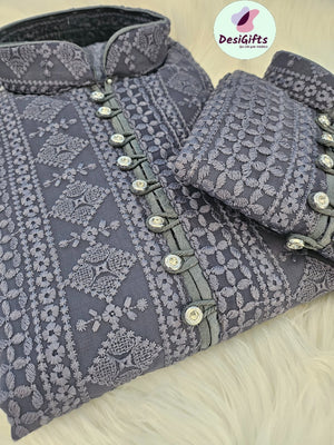Luxurious Gray Shade Chikankari Georgette 2 Piece Kurta Pajama Set, Father & Son's Outfit, DM -1207