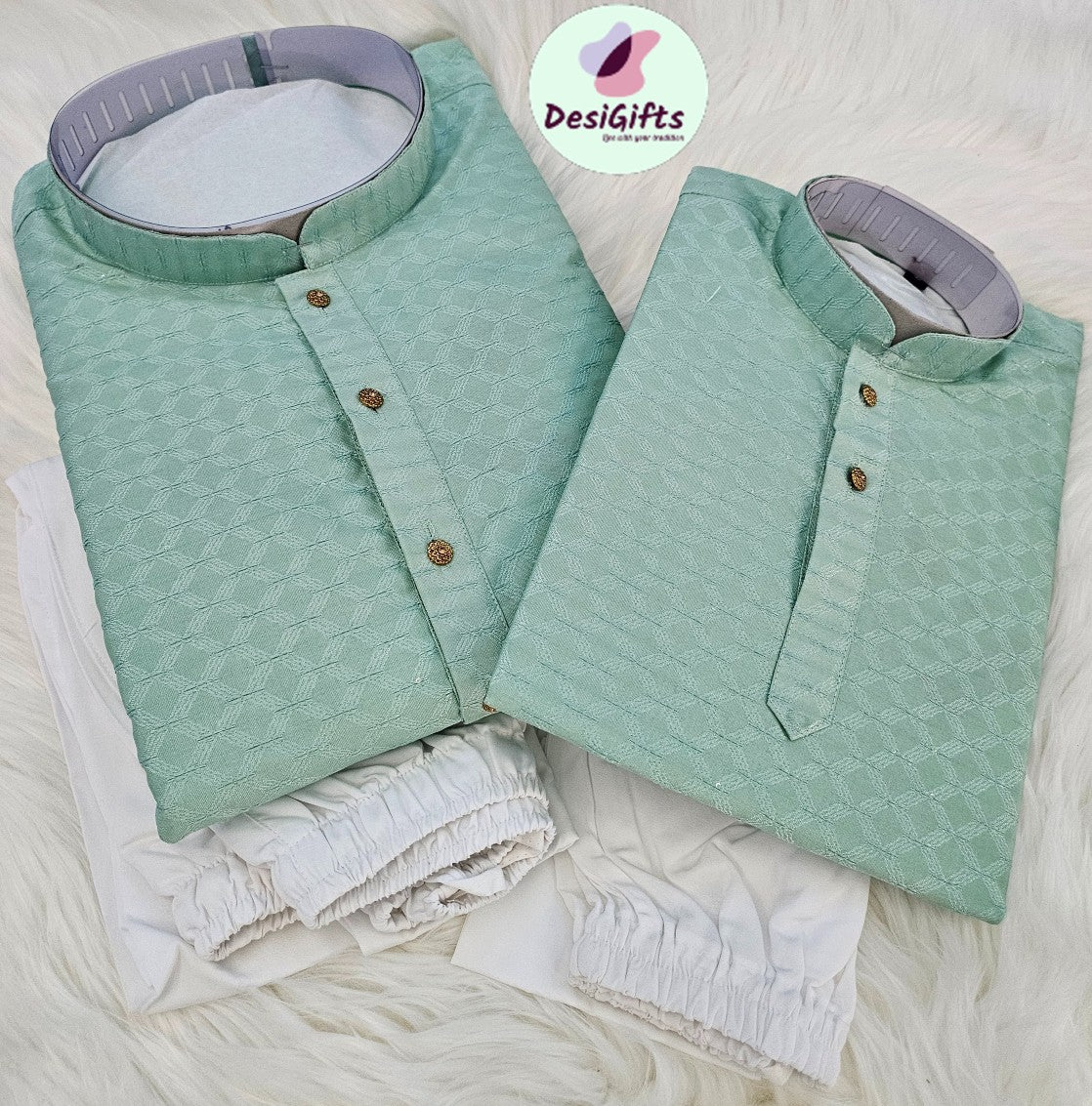 Pista Green Shade Jacquard Silk 2 Piece Kurta Pajama Set, Father & Son's Outfit, DM -1231