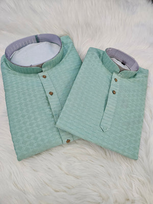 Pista Green Shade Jacquard Silk 2 Piece Kurta Pajama Set, Father & Son's Outfit, DM -1231