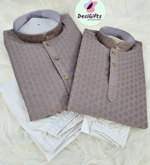 Soft Brown Metallic Shade Jacquard Silk 2 Piece Kurta Pajama Set, Father & Son's Outfit, DM -1232