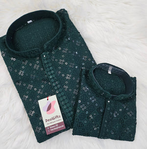 Deep Forest Green Chikankari Rayon with Sequins 2 Piece Kurta Pajama Set, Father & Son's Outfit, DM -1675