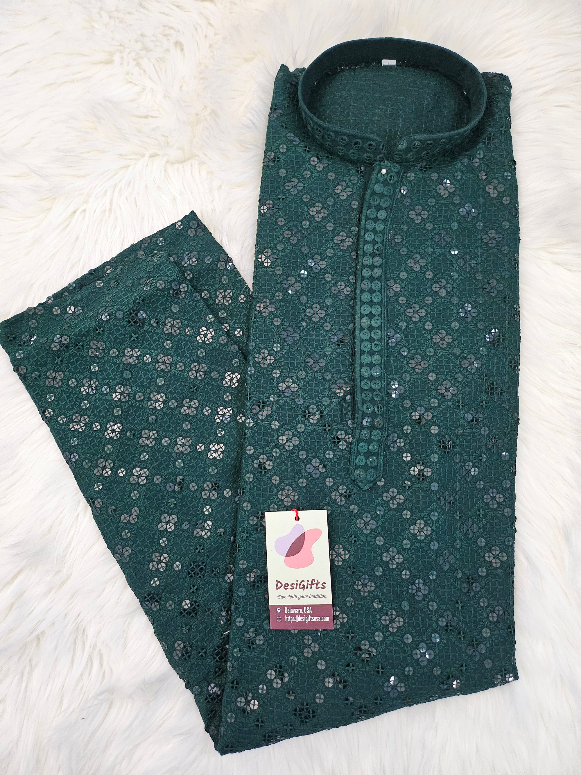 Deep Forest Green Chikankari Rayon with Sequins 2 Piece Kurta Pajama Set, Father & Son's Outfit, DM -1675