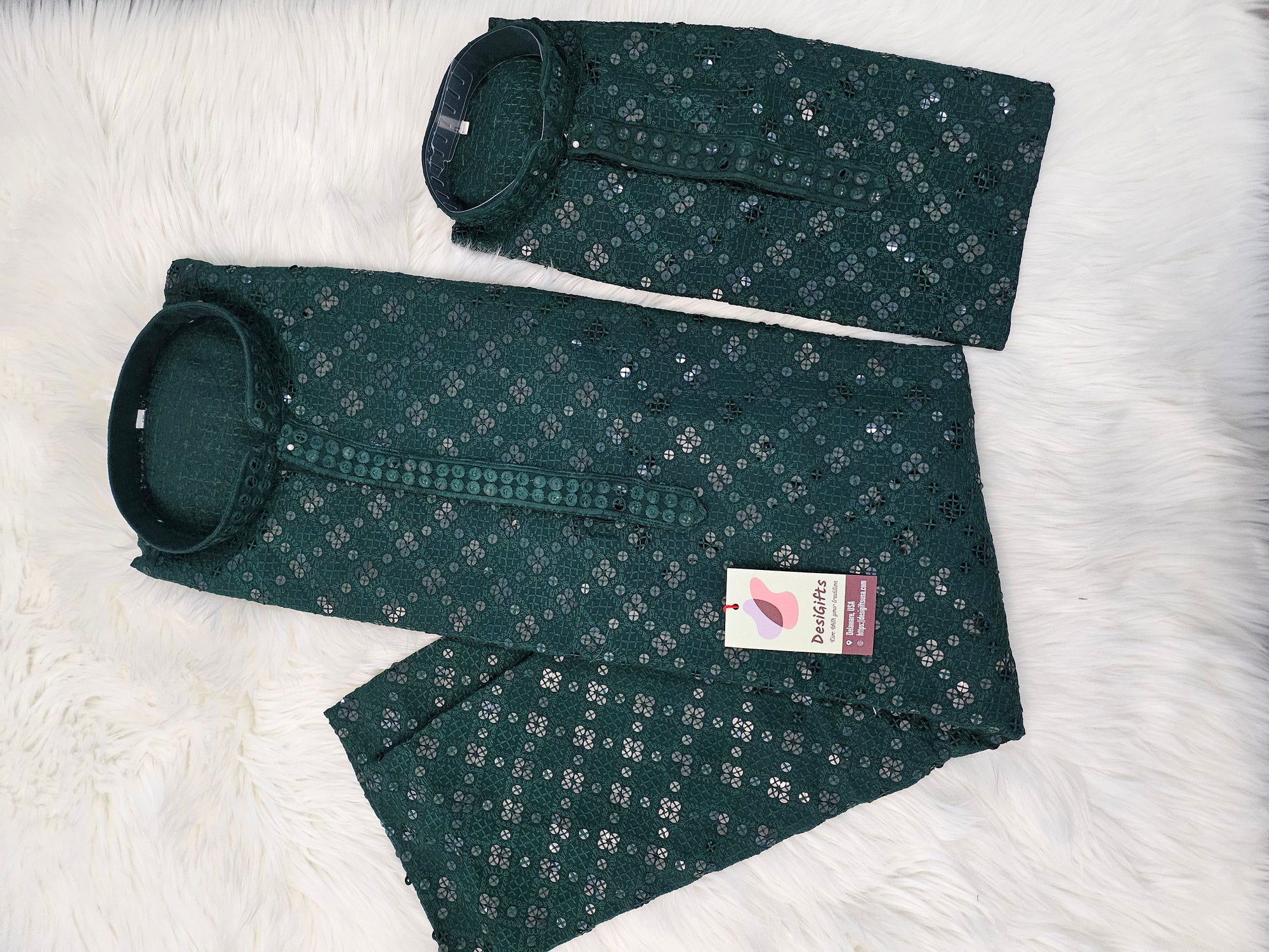 Deep Forest Green Chikankari Rayon with Sequins 2 Piece Kurta Pajama Set, Father & Son's Outfit, DM -1675