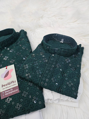 Deep Forest Green Chikankari Rayon with Sequins 2 Piece Kurta Pajama Set, Father & Son's Outfit, DM -1675