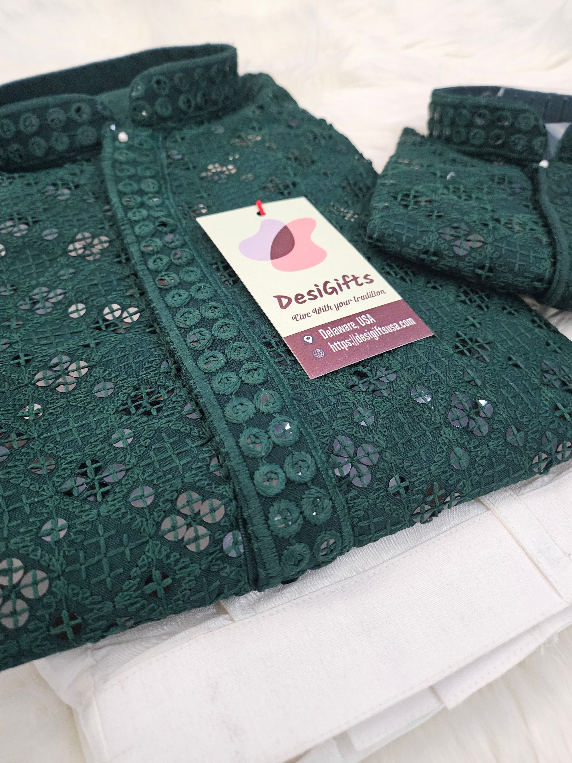 Deep Forest Green Chikankari Rayon with Sequins 2 Piece Kurta Pajama Set, Father & Son's Outfit, DM -1675