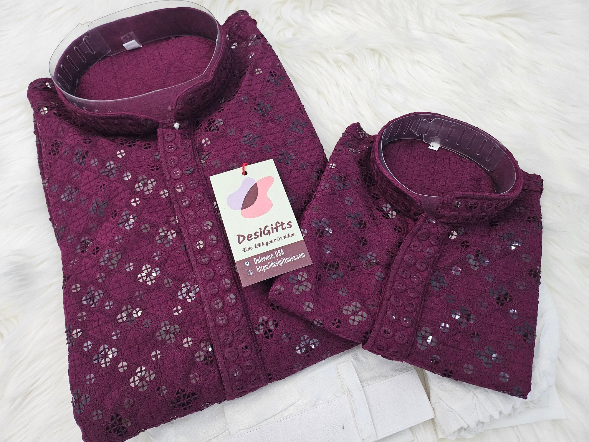 Chikankari Rayon with Sequins 2 Piece Kurta Pajama Set in Sangria Purple Shade, Father & Son's Outfit, DM -1676