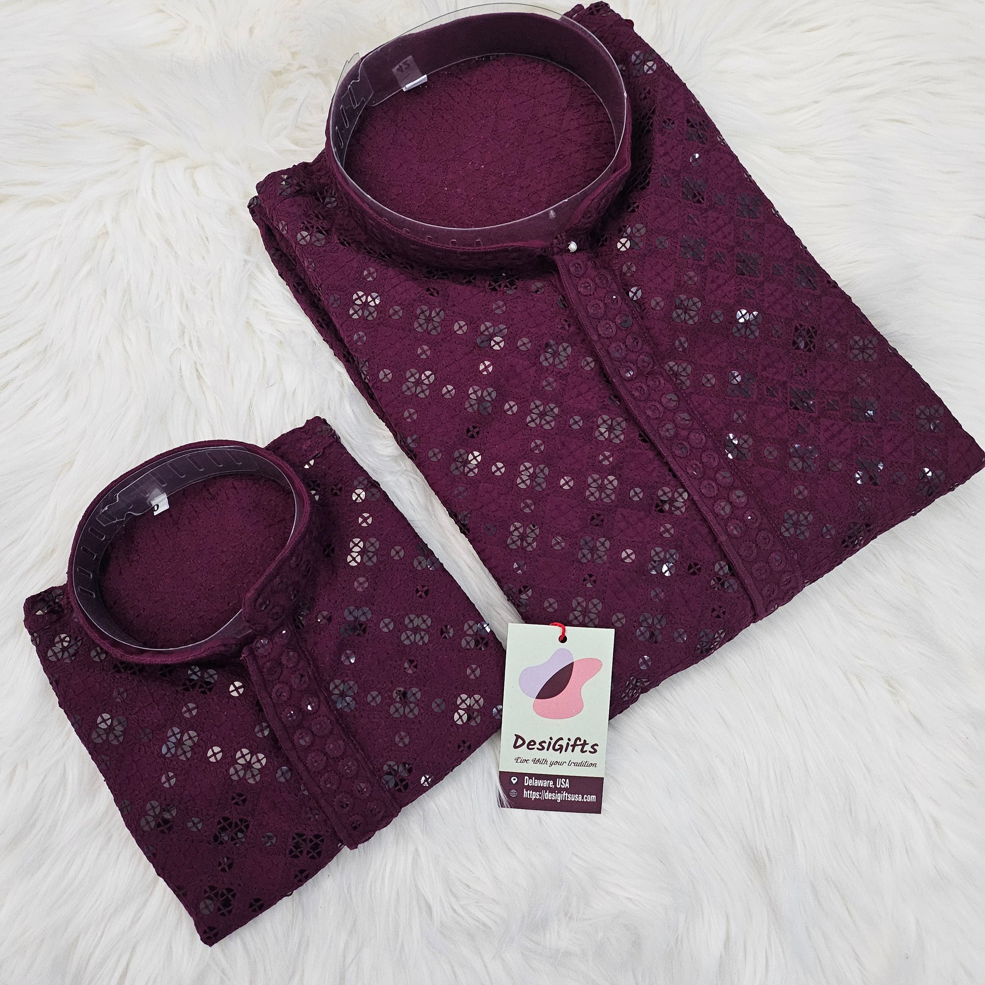 Chikankari Rayon with Sequins 2 Piece Kurta Pajama Set in Sangria Purple Shade, Father & Son's Outfit, DM -1676