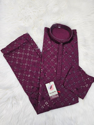 Chikankari Rayon with Sequins 2 Piece Kurta Pajama Set in Sangria Purple Shade, Father & Son's Outfit, DM -1676