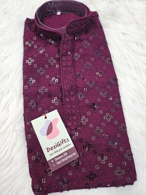 Chikankari Rayon with Sequins 2 Piece Kurta Pajama Set in Sangria Purple Shade, Father & Son's Outfit, DM -1676