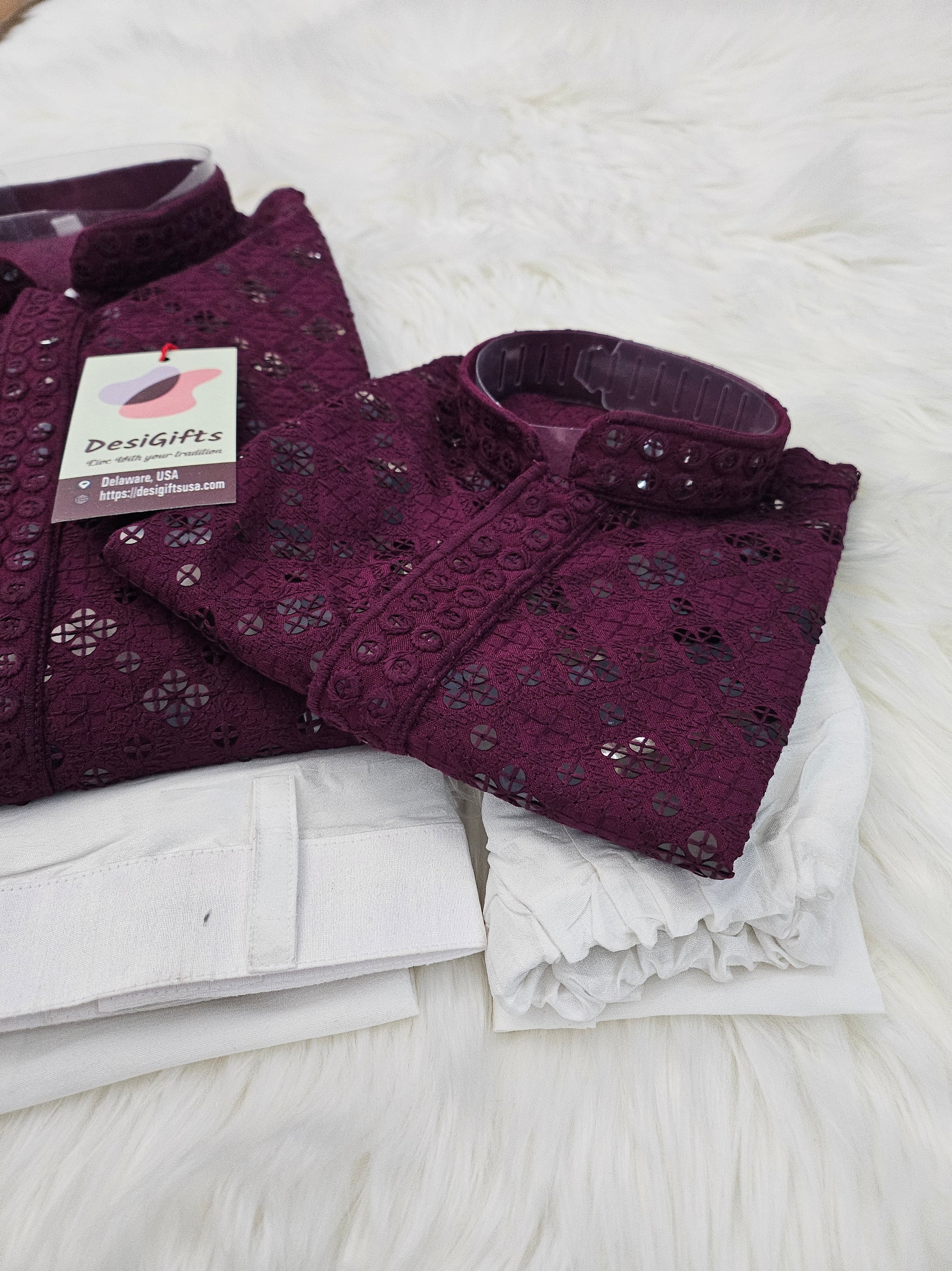 Chikankari Rayon with Sequins 2 Piece Kurta Pajama Set in Sangria Purple Shade, Father & Son's Outfit, DM -1676