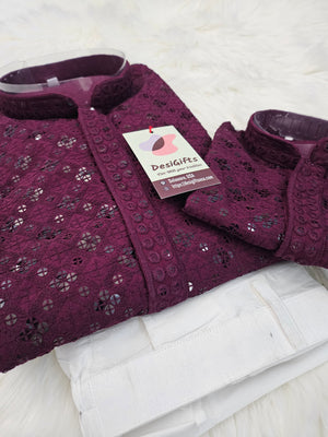 Chikankari Rayon with Sequins 2 Piece Kurta Pajama Set in Sangria Purple Shade, Father & Son's Outfit, DM -1676