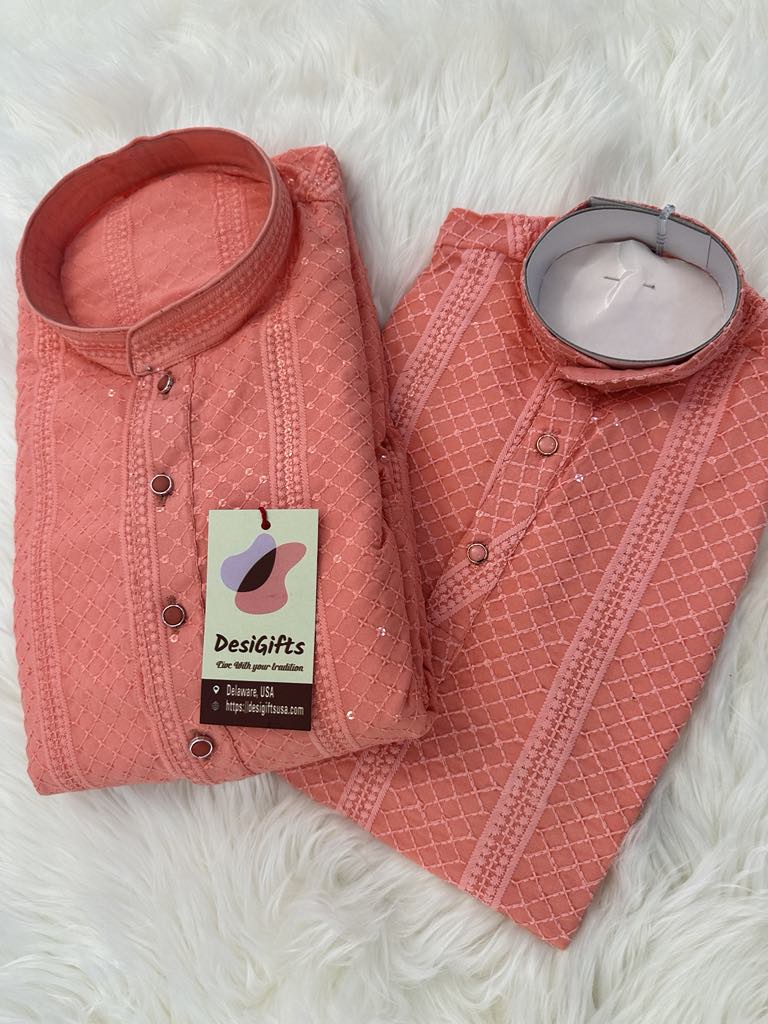 Size 46, Peach Shade Chikankari Rayon with Sequins 2 Piece Kurta Pajama Set, Father & Son's Outfit, DM -1353