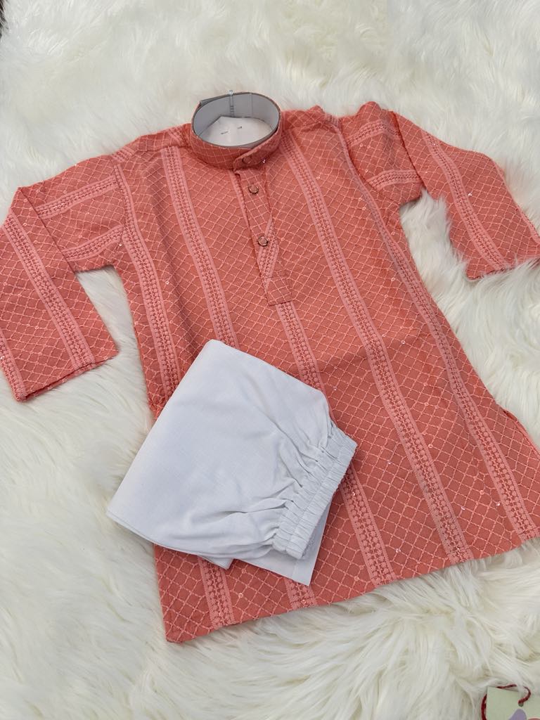 Peach Shade Chikankari Rayon with Sequins 2 Piece Kurta Pajama Set, Father & Son's Outfit, DM -1353