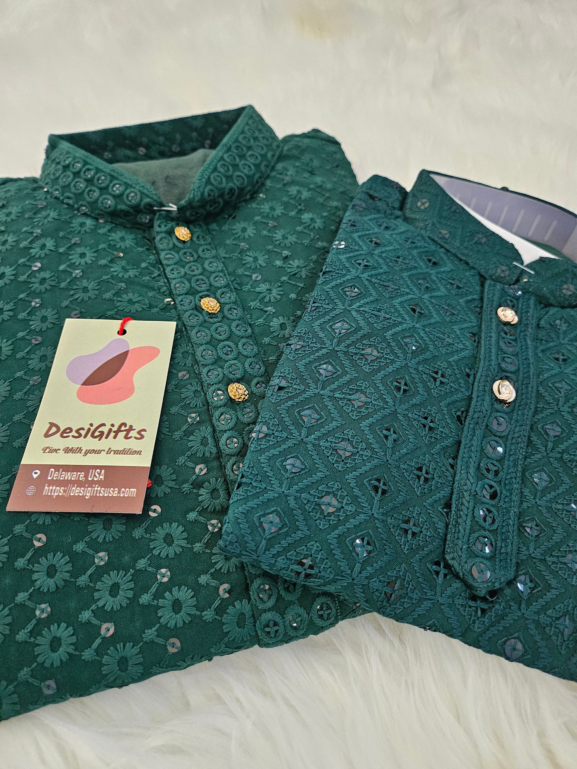 Pine Green Chikankari Rayon with Sequins 2 Piece Kurta Pajama Set, Father & Son's Outfit, DM -A1359, K1358