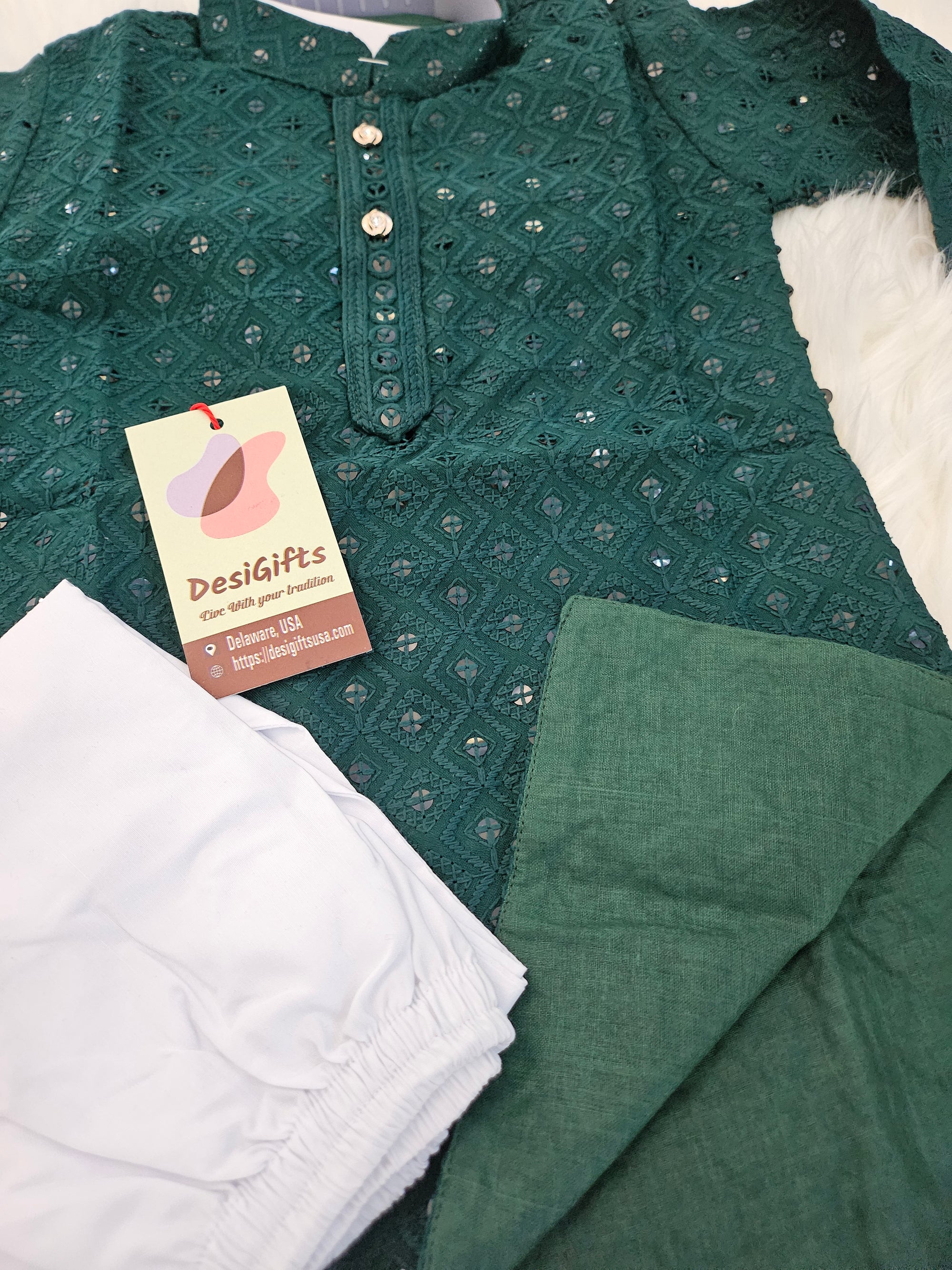 Pine Green Chikankari Rayon with Sequins 2 Piece Kurta Pajama Set, Father & Son's Outfit, DM -A1359, K1358