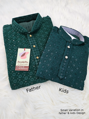 Pine Green Chikankari Rayon with Sequins 2 Piece Kurta Pajama Set, Father & Son's Outfit, DM -A1359, K1358