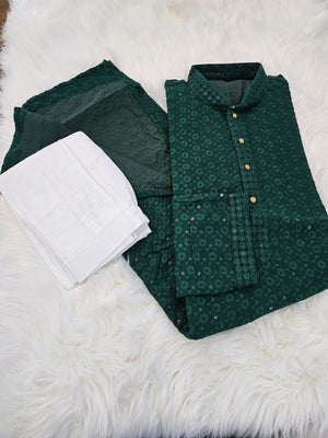 Pine Green Chikankari Rayon with Sequins 2 Piece Kurta Pajama Set, DM -A1359