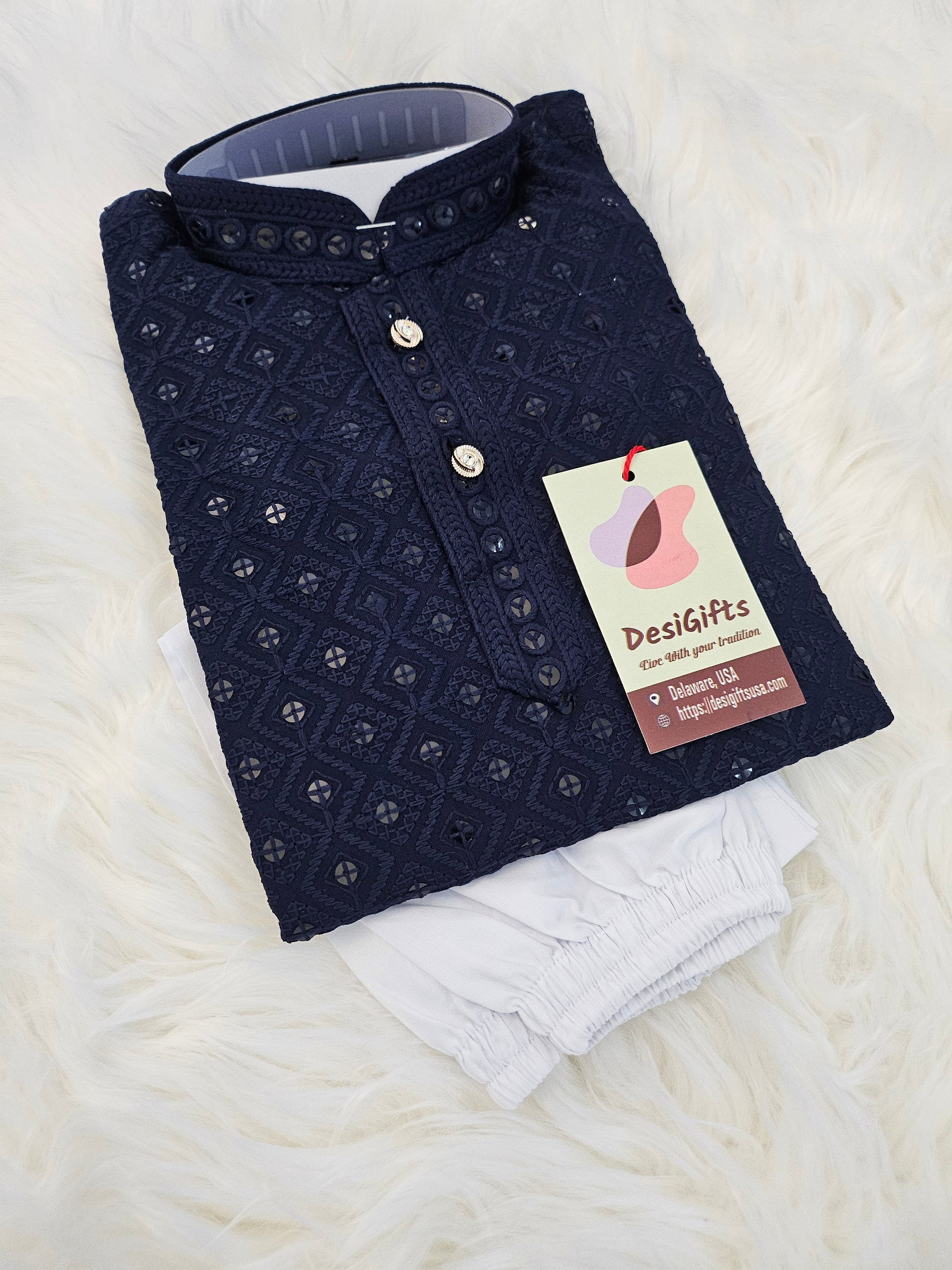 Navy Chikankari Rayon with Sequins 2 Piece Kurta Pajama Set, Father & Son's Outfit, DM -A1363, K1362