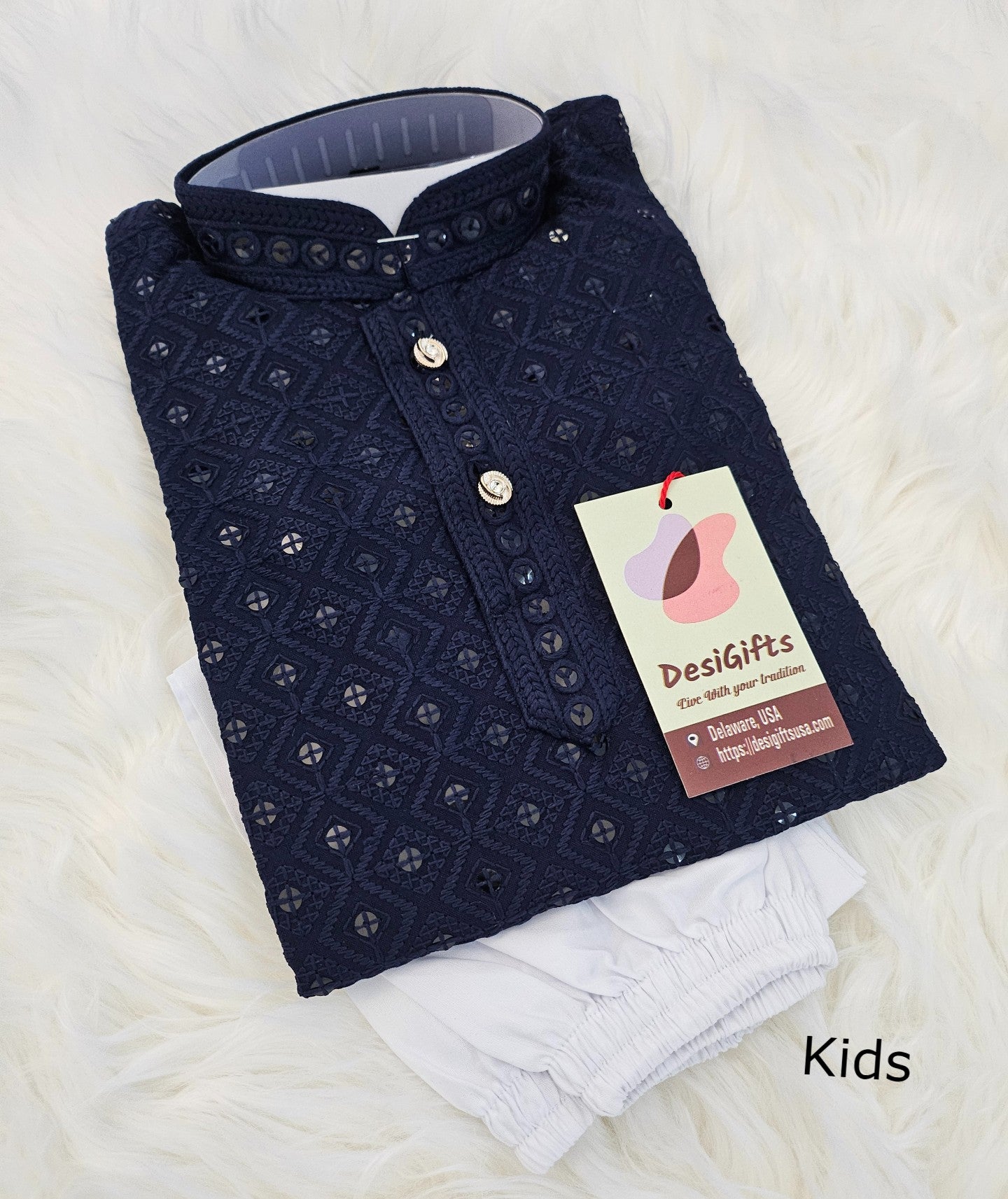 Navy Chikankari Rayon with Sequins 2 Piece Kurta Pajama Set for Boy, DM - K1362