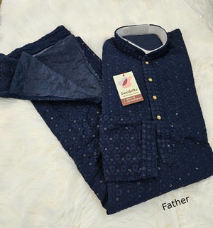 Navy Chikankari Rayon with Sequins 2 Piece Kurta Pajama Set, Father & Son's Outfit, DM -A1363, K1362