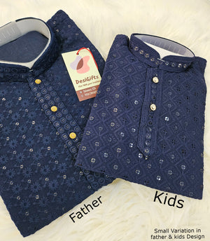 Navy Chikankari Rayon with Sequins 2 Piece Kurta Pajama Set, Father & Son's Outfit, DM -A1363, K1362