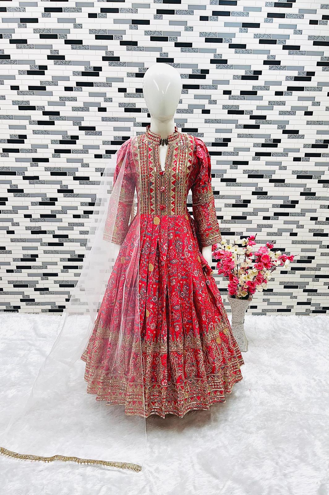 Red Shade Girl's Beautiful Gown with Intricate Embroidery and Sequins Work, Design GRL # 1500