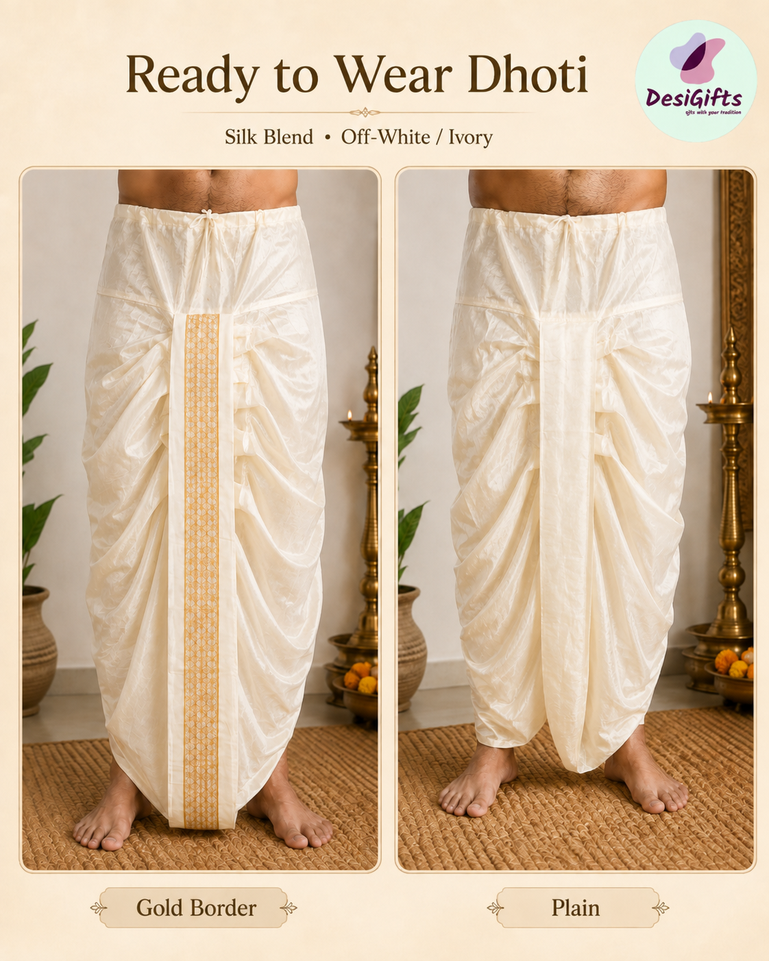 Men’s Ready-to-Wear Silk Blend Dhoti – Off-White Traditional Indian Dhoti, Plain or Gold Border, Wedding & Pooja Wear, KP - 301